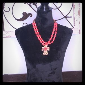 Red Leopard Cross Pendant Necklace